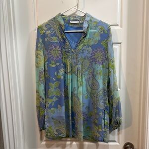 Susan Graver Blue and Green Embellished Sailor Collar Blouse